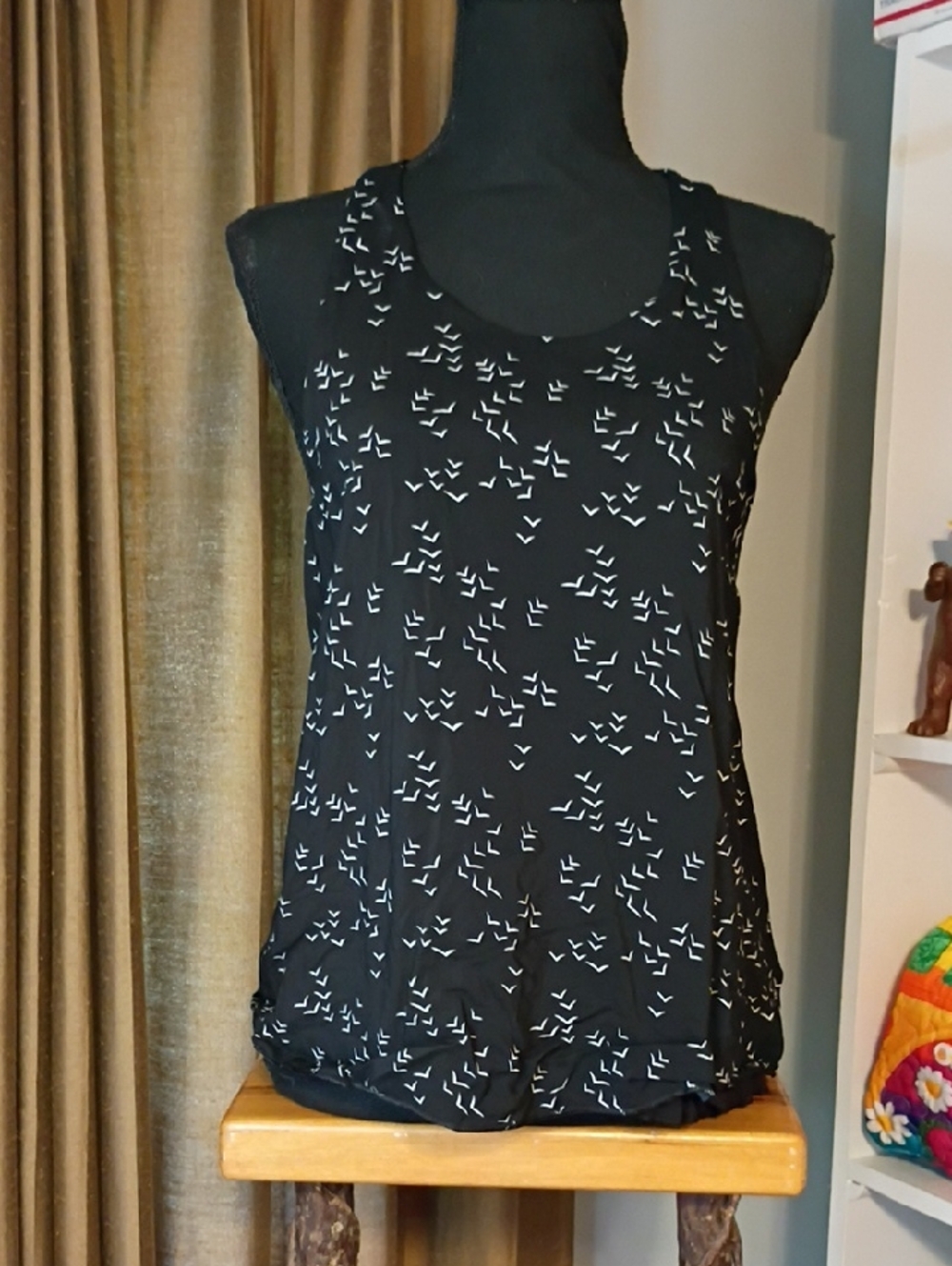 Black Patterned Slip Tank with White Bird Silhouette Print